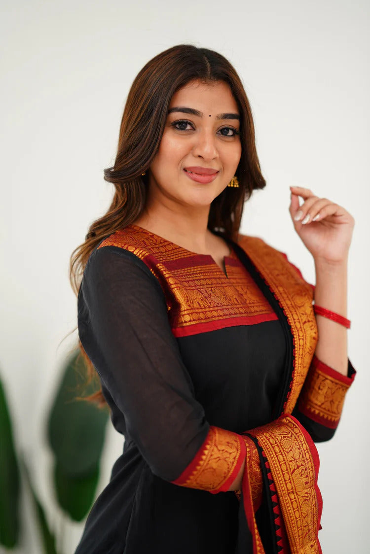 Stunning Black Cotton Kurta Set with Red Border – Effortless Style and Vibrant Contrast