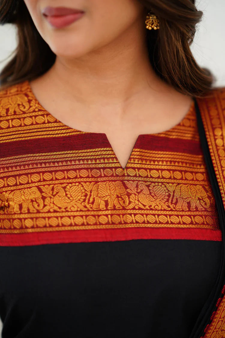 Stunning Black Cotton Kurta Set with Red Border – Effortless Style and Vibrant Contrast