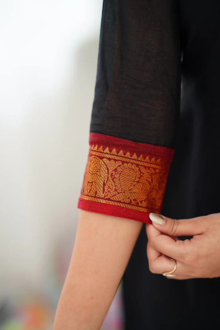 Stunning Black Cotton Kurta Set with Red Border – Effortless Style and Vibrant Contrast