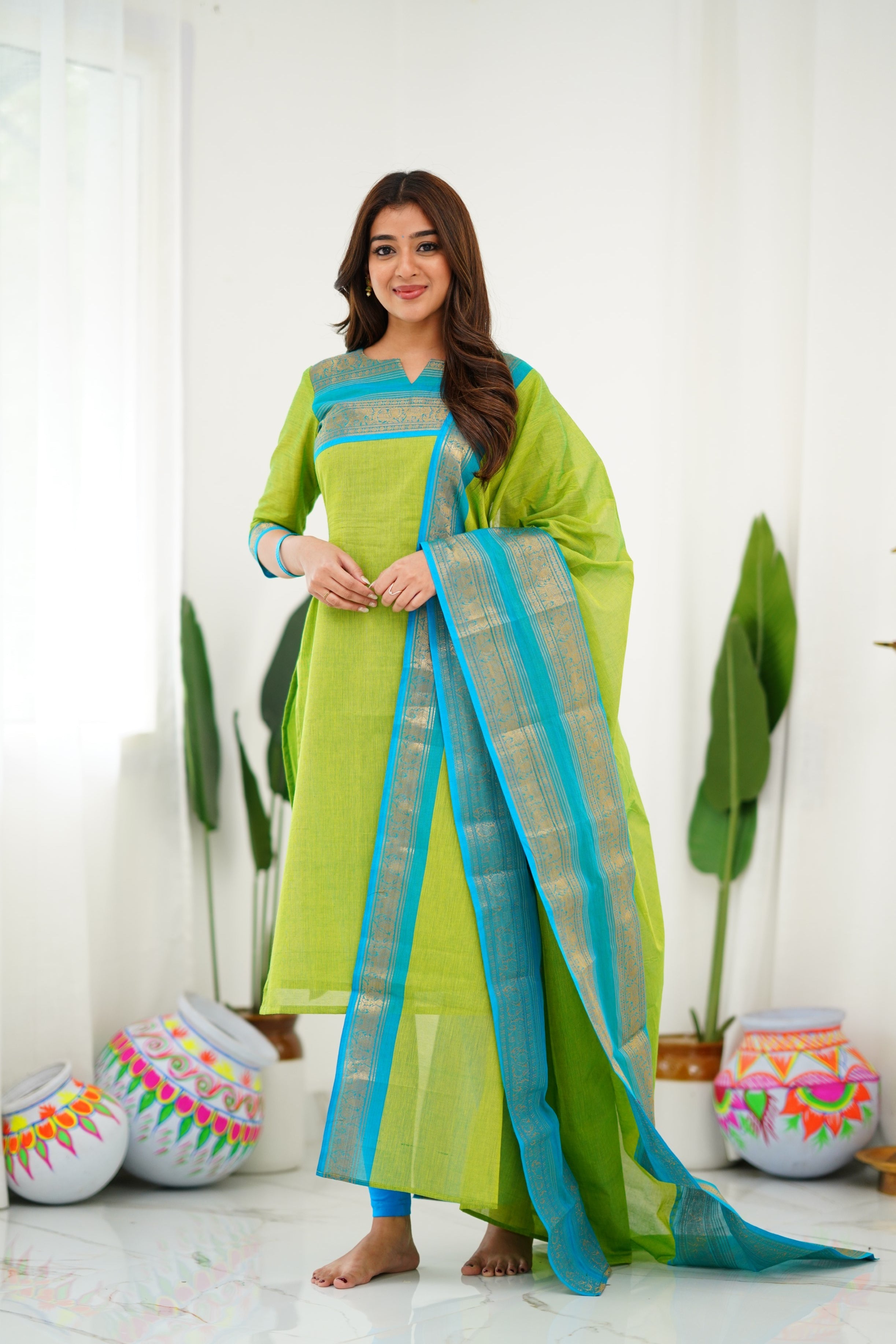 Delicate Light Green Cotton Kurta Set with Blue Border – Perfect for Every Day