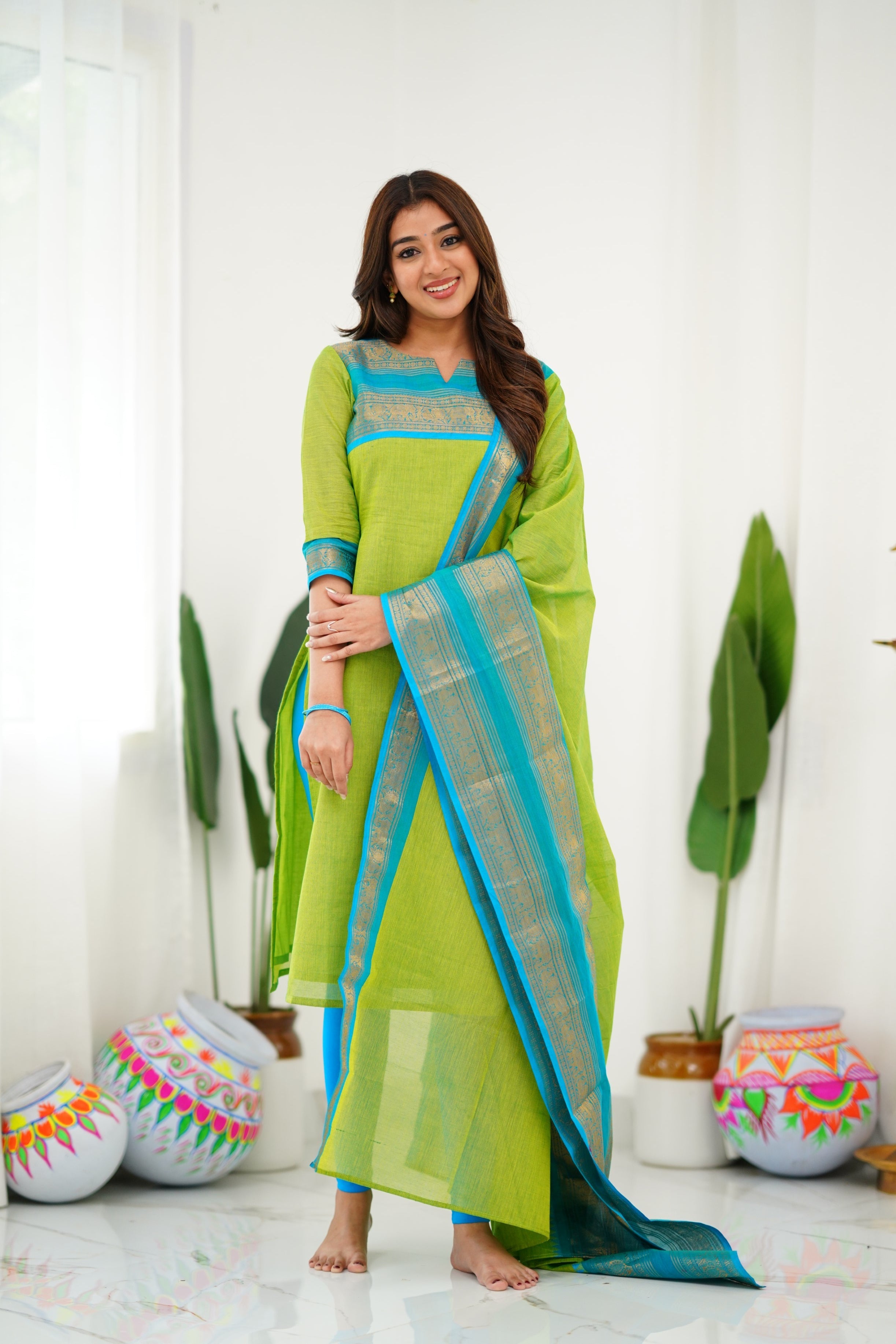 Delicate Light Green Cotton Kurta Set with Blue Border – Perfect for Every Day
