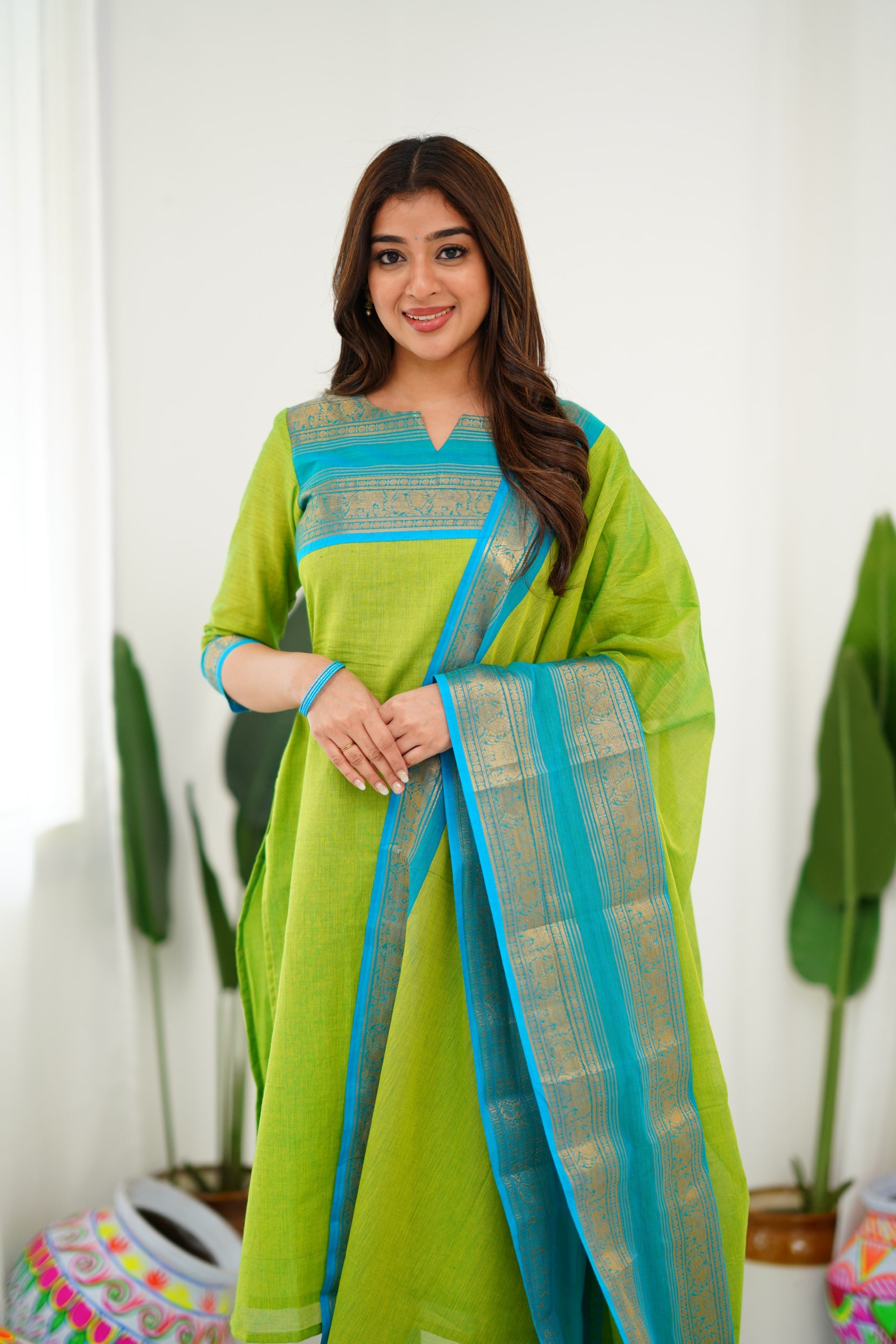 Delicate Light Green Cotton Kurta Set with Blue Border – Perfect for Every Day