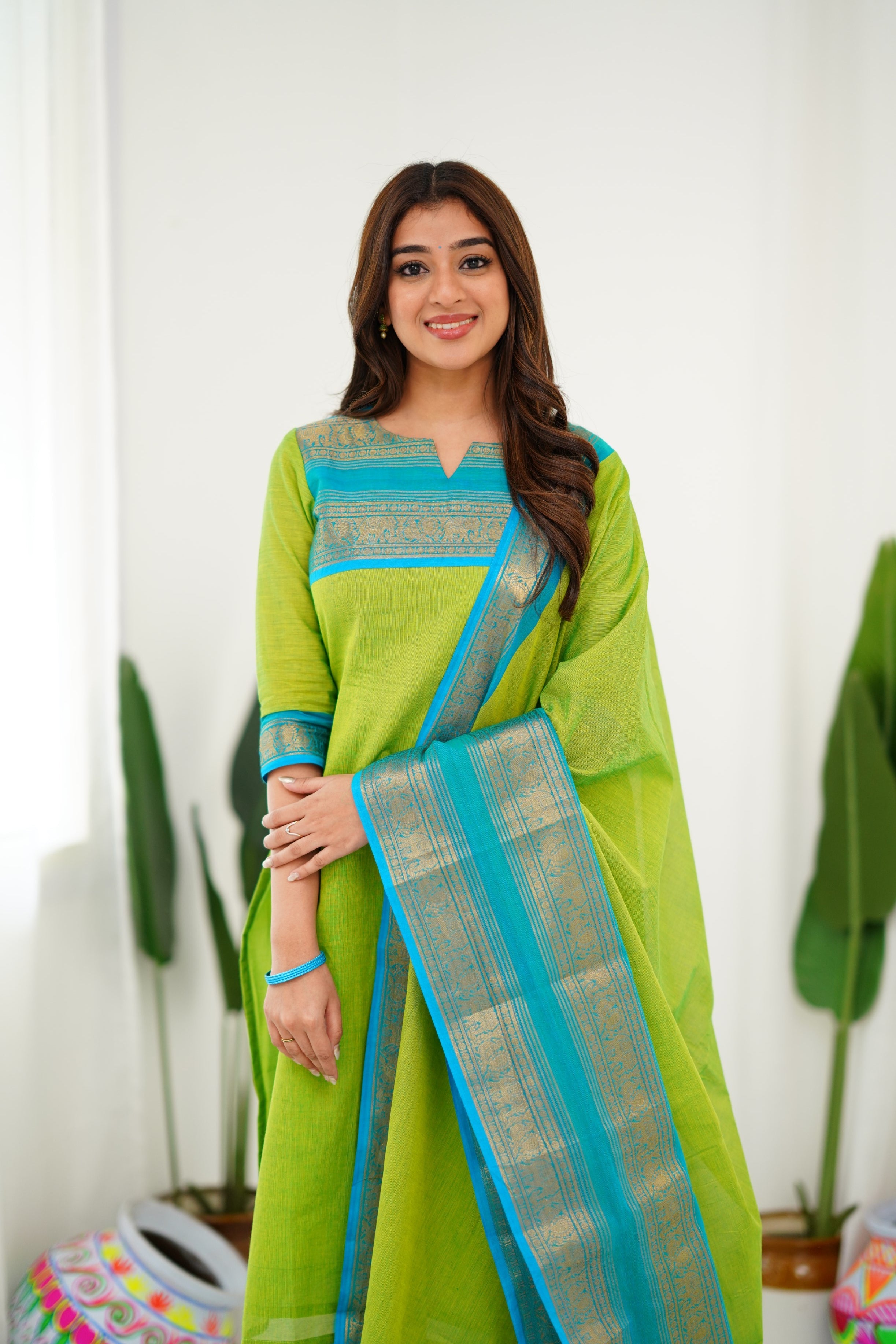 Delicate Light Green Cotton Kurta Set with Blue Border – Perfect for Every Day