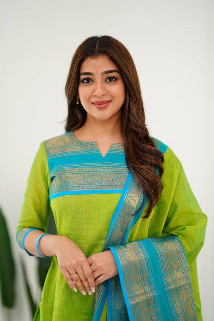 Cotton Kurti and Dupatta with Intricate Weaving Work