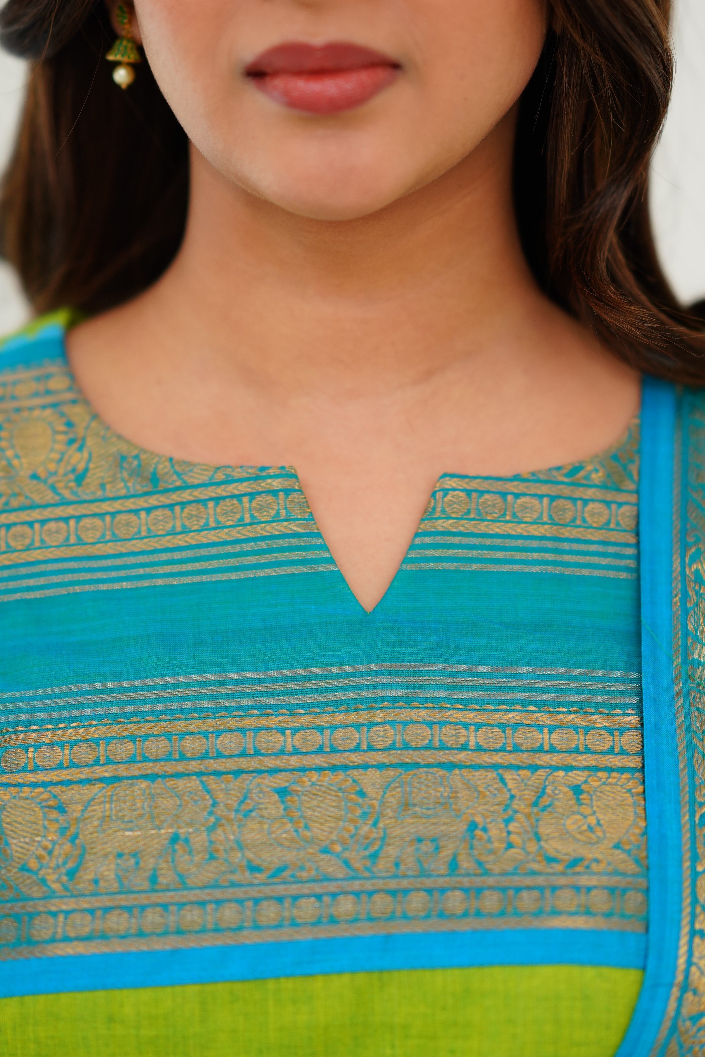 Delicate Light Green Cotton Kurta Set with Blue Border – Perfect for Every Day