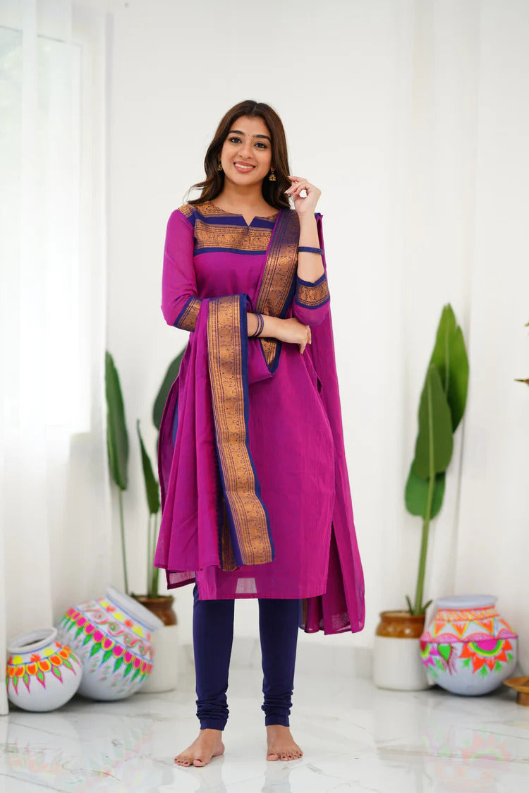 Charming Pink Cotton Kurta Set with Navy Blue Border – A Perfect Blend of Softness and Bold Elegance