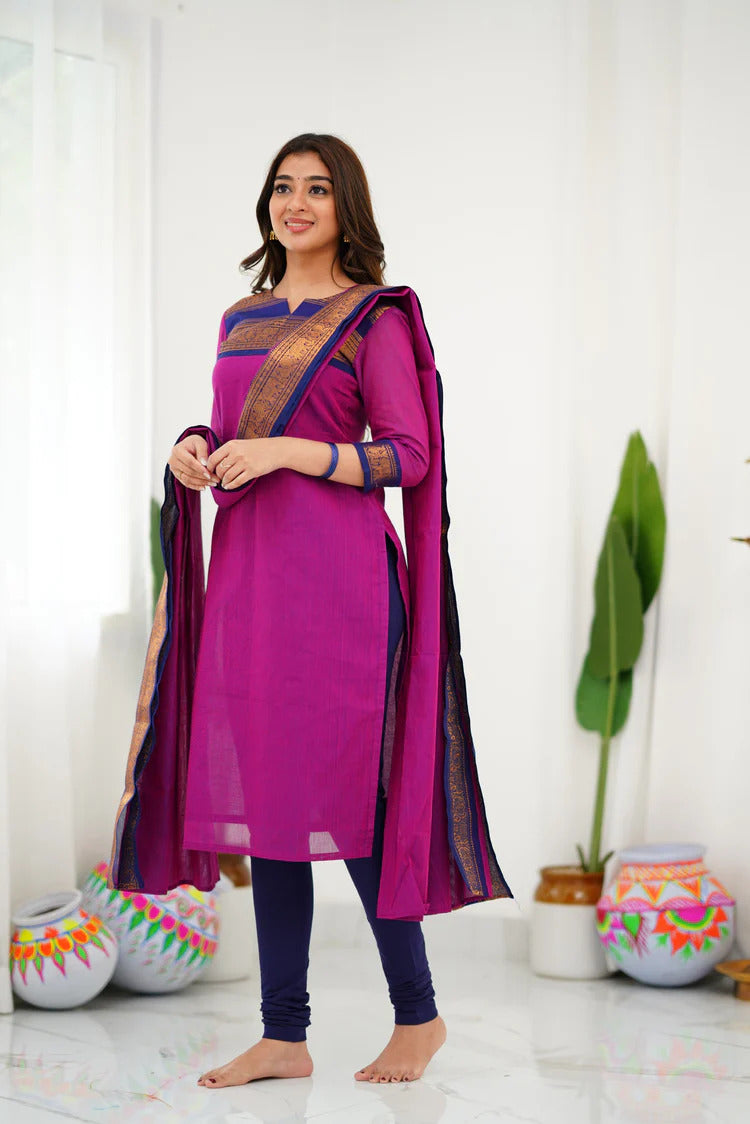 Charming Pink Cotton Kurta Set with Navy Blue Border – A Perfect Blend of Softness and Bold Elegance