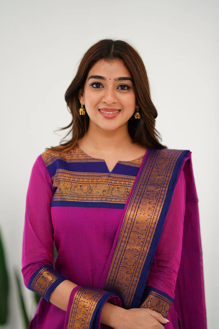 Charming Pink Cotton Kurta Set with Navy Blue Border – A Perfect Blend of Softness and Bold Elegance