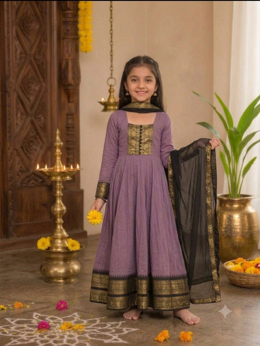 Cotton Blend Anarkali Set For Girls