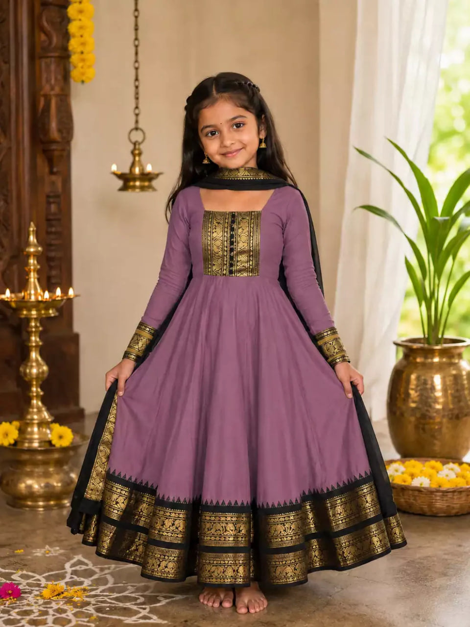 Girls Festive Cotton Blend Anarkali Set With Duppata