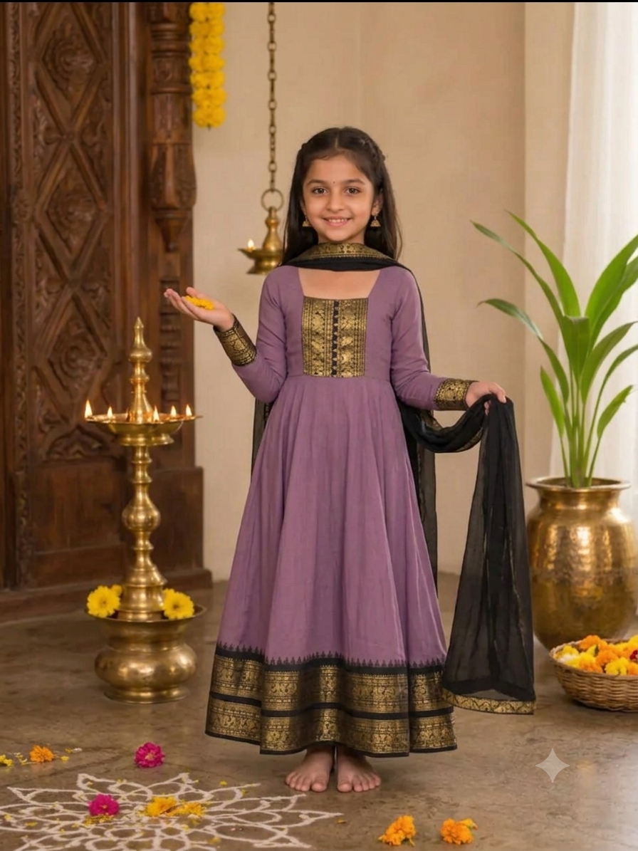 Cotton Blend Anarkali Set For Girls