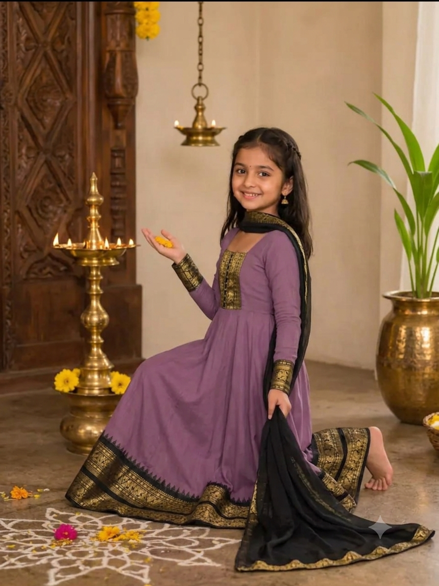Cotton Blend Anarkali Set For Girls