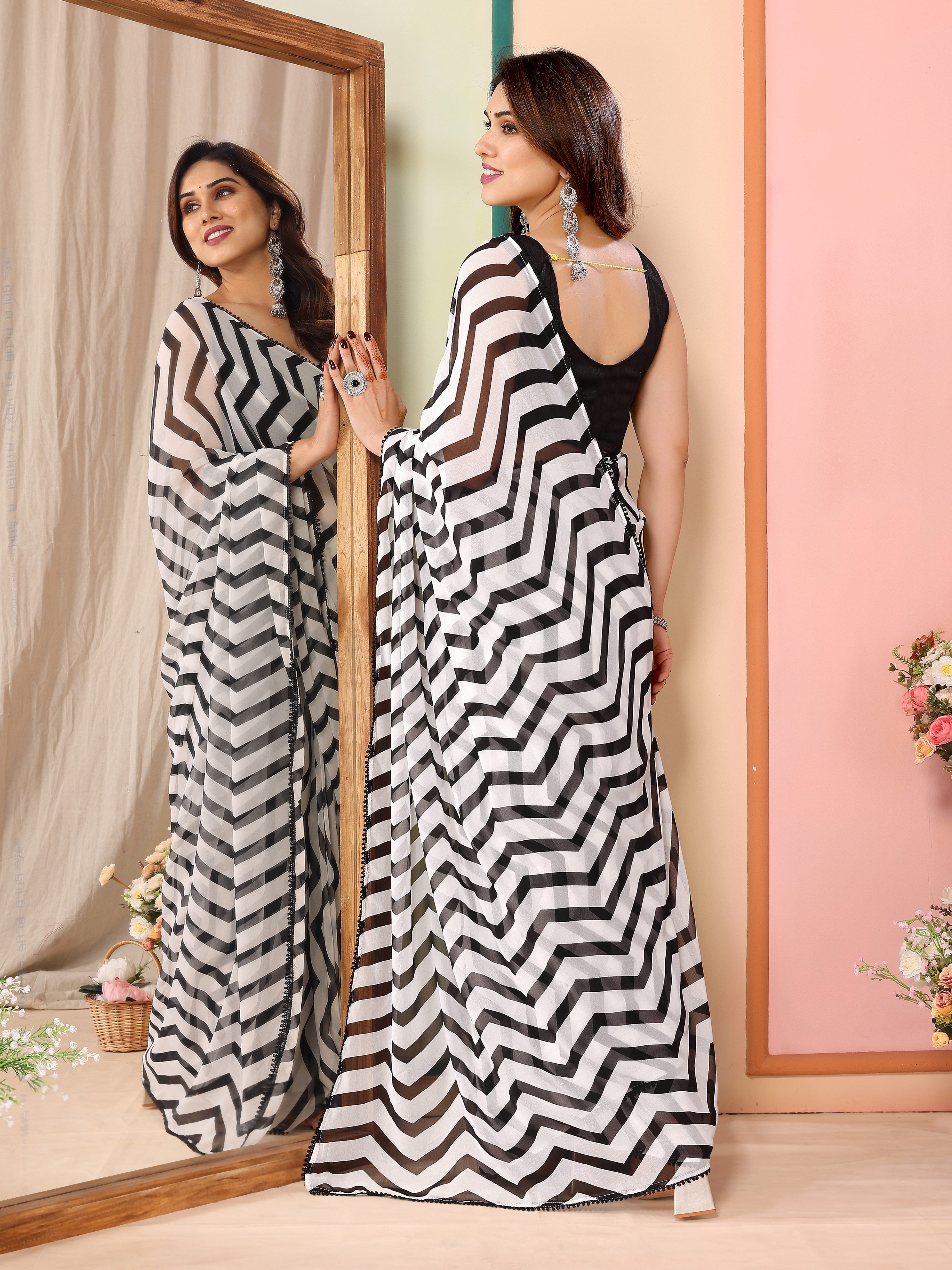 Black & White Zigzag Print Ready to Wear Georgette Saree