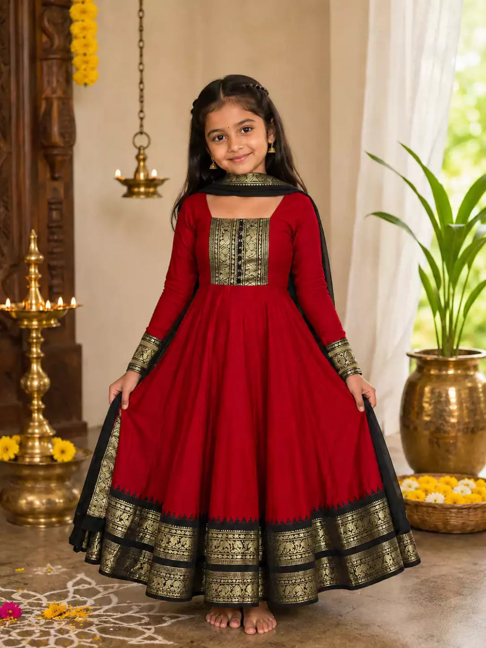 Girls Red Cotton Blend Anarkali Dress With Duppata