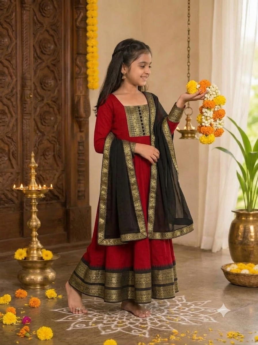 Girls Red Cotton Blend Anarkali Dress With Duppata