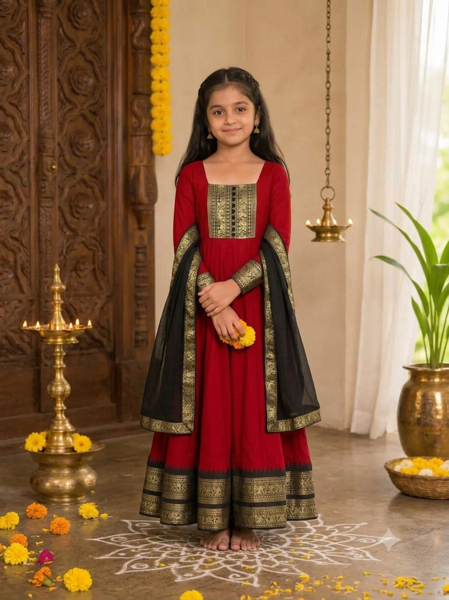 Girls Red Cotton Blend Anarkali Dress With Duppata