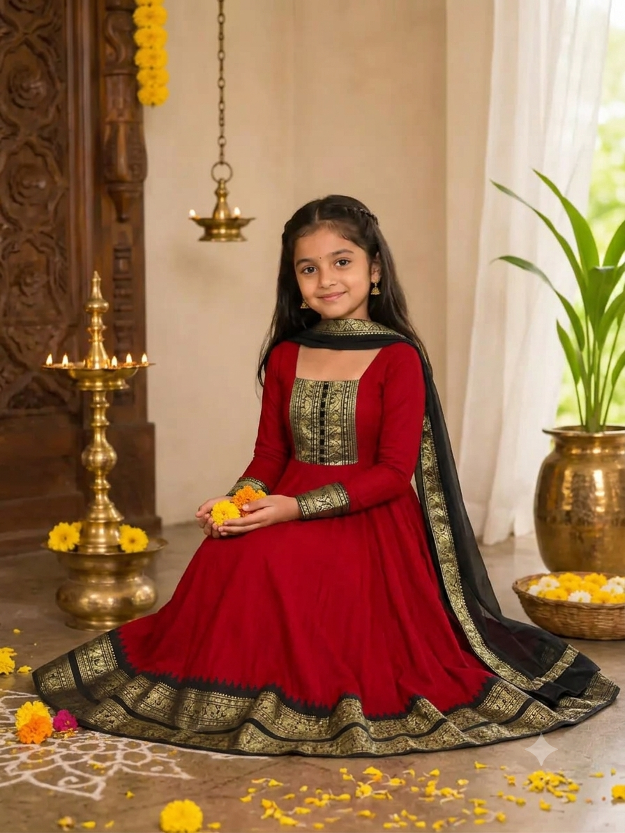 Girls Red Cotton Blend Anarkali Dress With Duppata