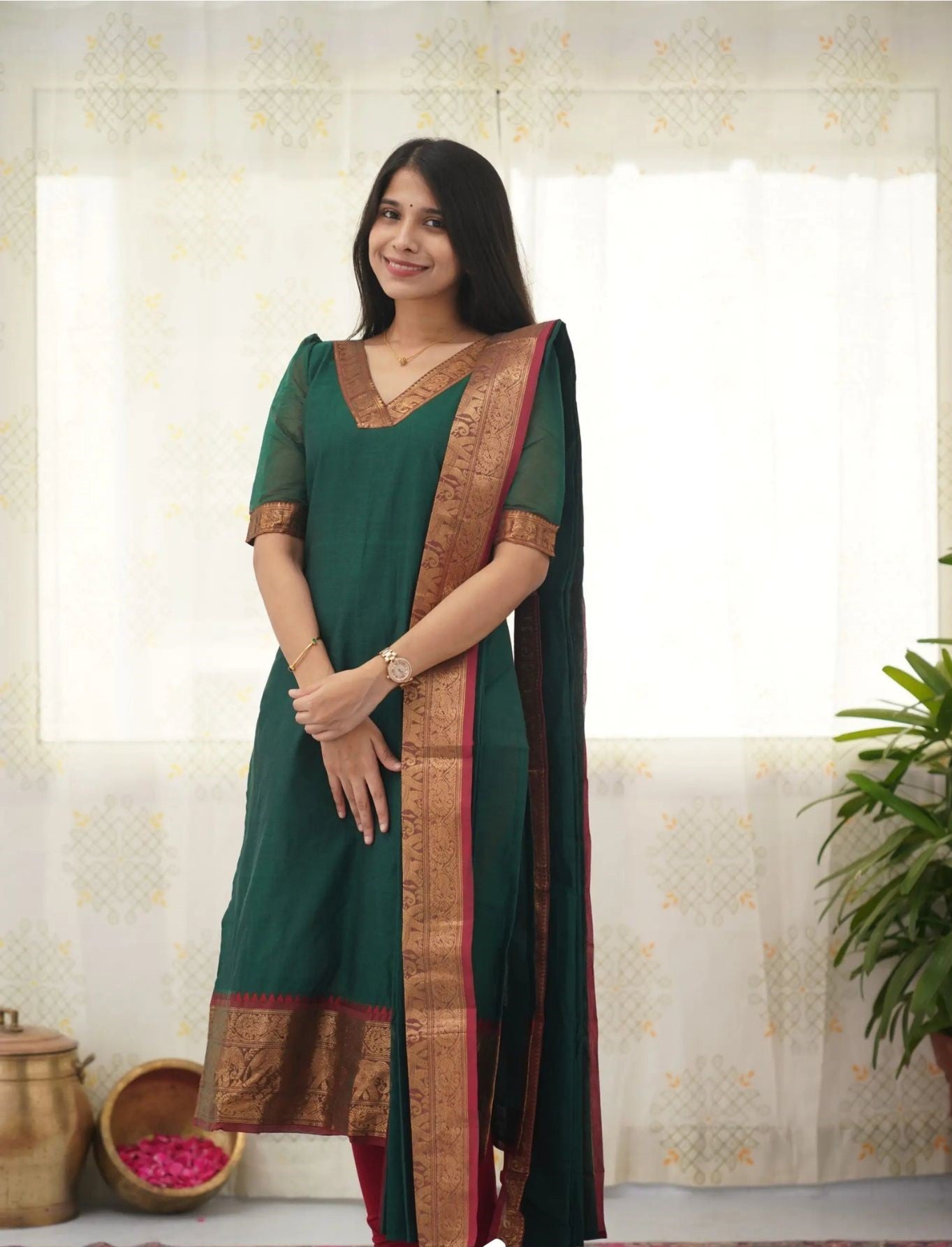 Bottle Green Cotton Kurti Set with Maroon Tone Border – A Perfect Blend of Tradition and Style