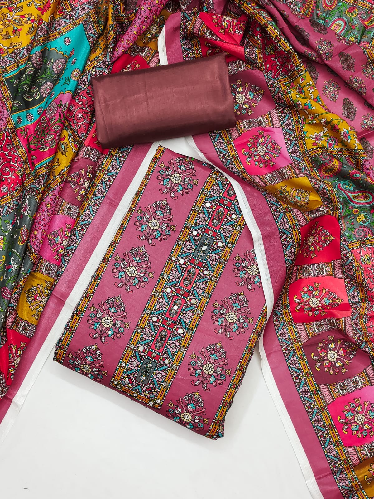 Beautiful Chinnon Kurti Set with Mirror Work &amp; Digital Print Dupatta