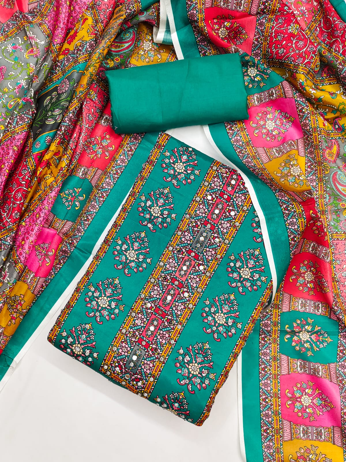 Beautiful Chinnon Kurti Set with Mirror Work &amp; Digital Print Dupatta