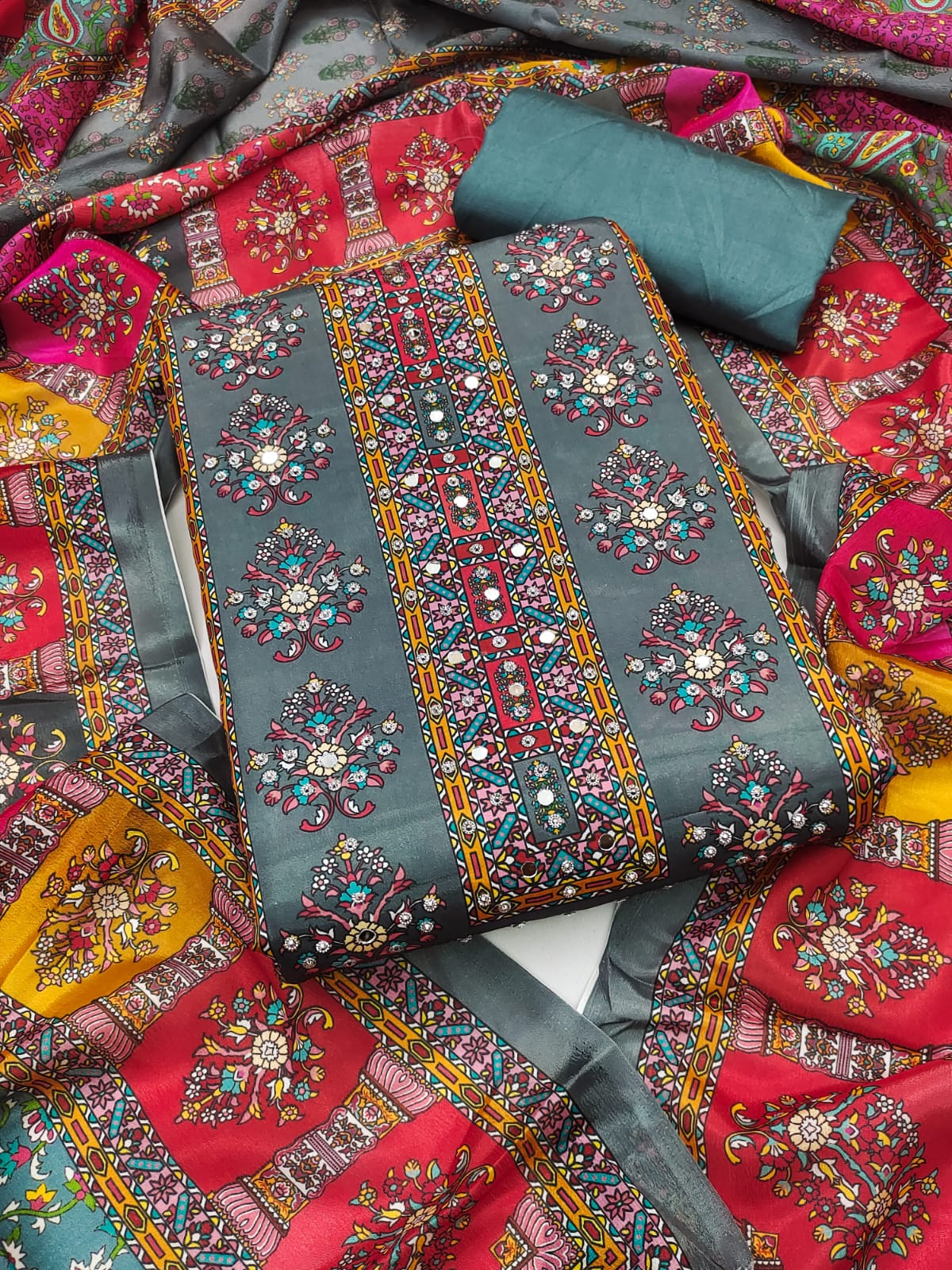 Beautiful Chinnon Kurti Set with Mirror Work &amp; Digital Print Dupatta