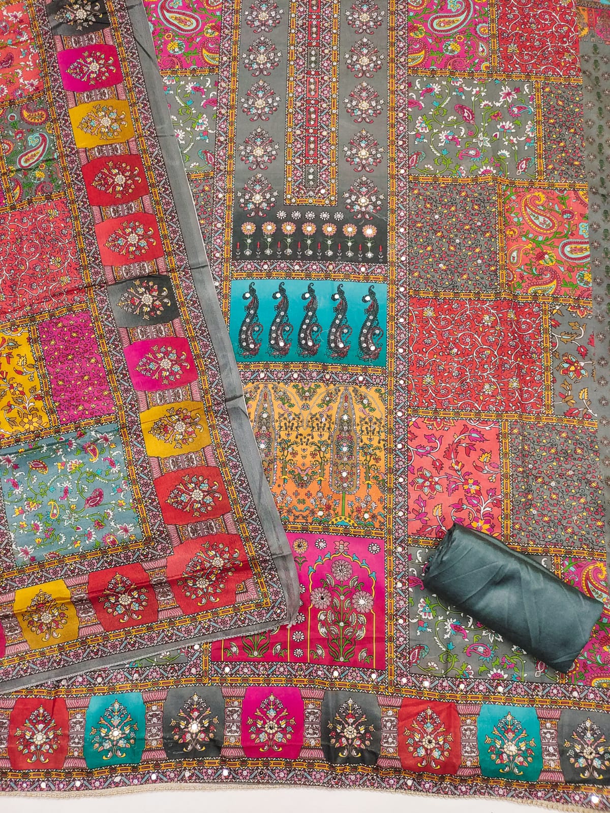 Beautiful Chinnon Kurti Set with Mirror Work &amp; Digital Print Dupatta