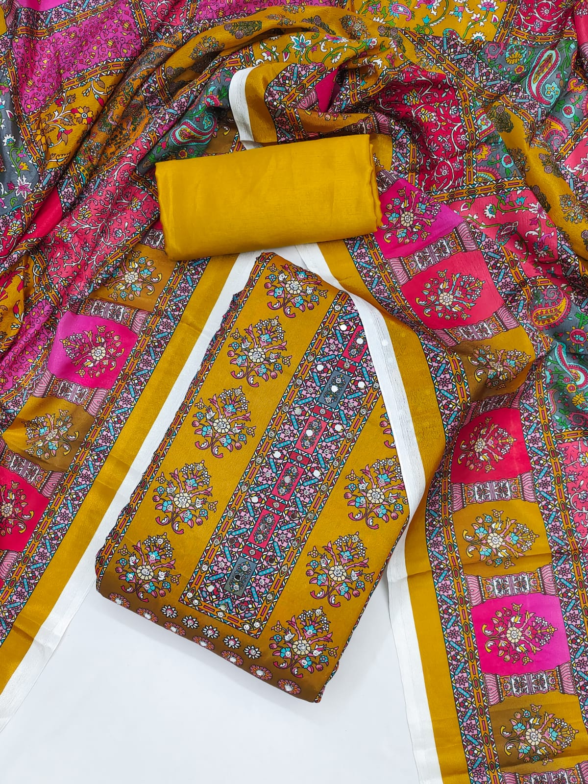 Beautiful Chinnon Kurti Set with Mirror Work &amp; Digital Print Dupatta