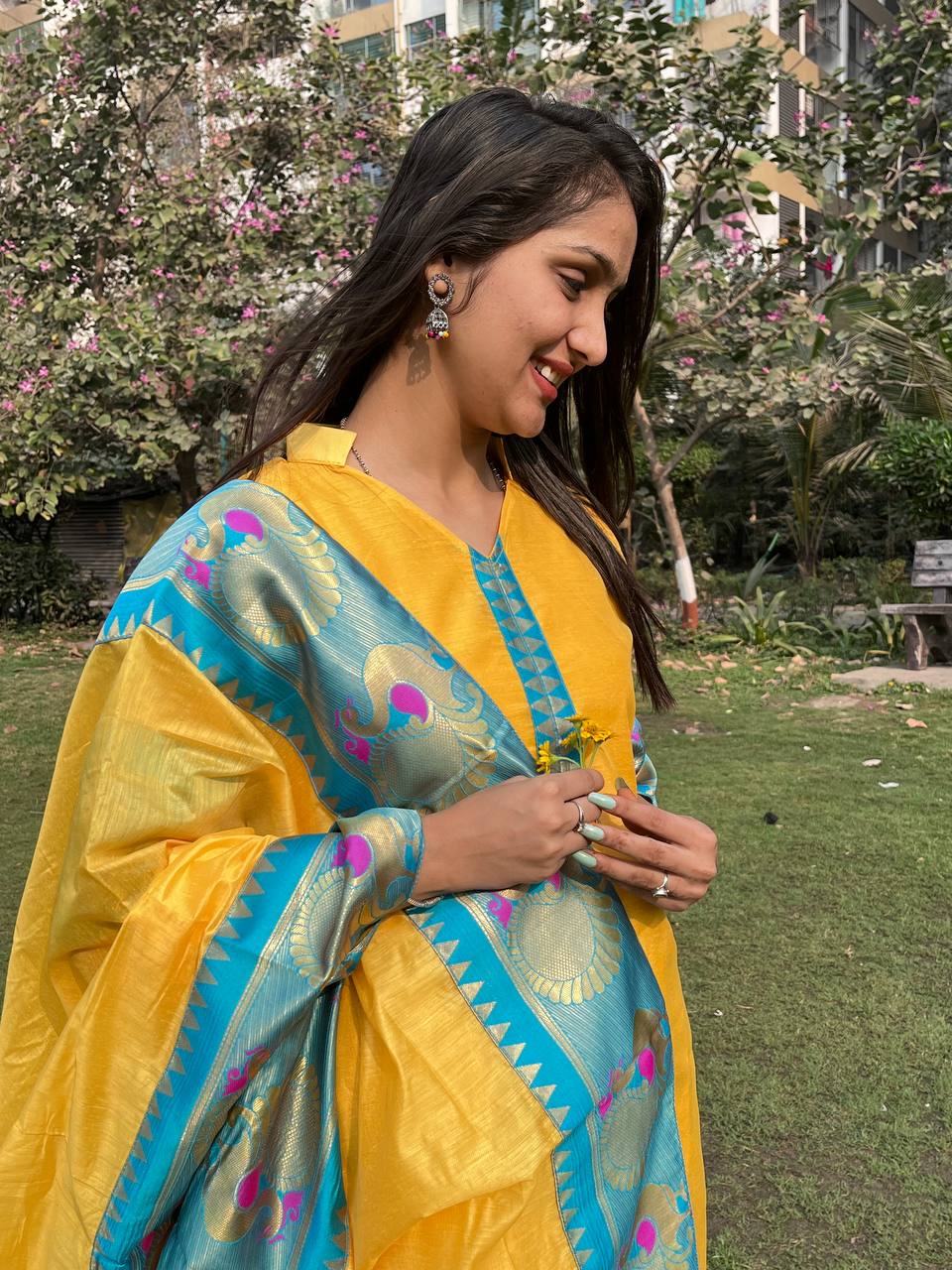 Yellow Chanderi Cotton Straight Fit Kurta Set with Jacquard Border