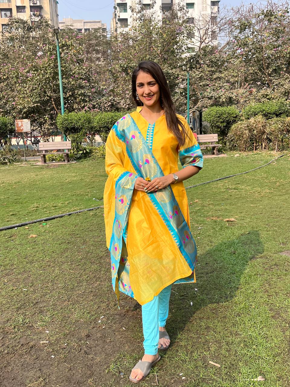 Yellow Chanderi Cotton Straight Fit Kurta Set with Jacquard Border