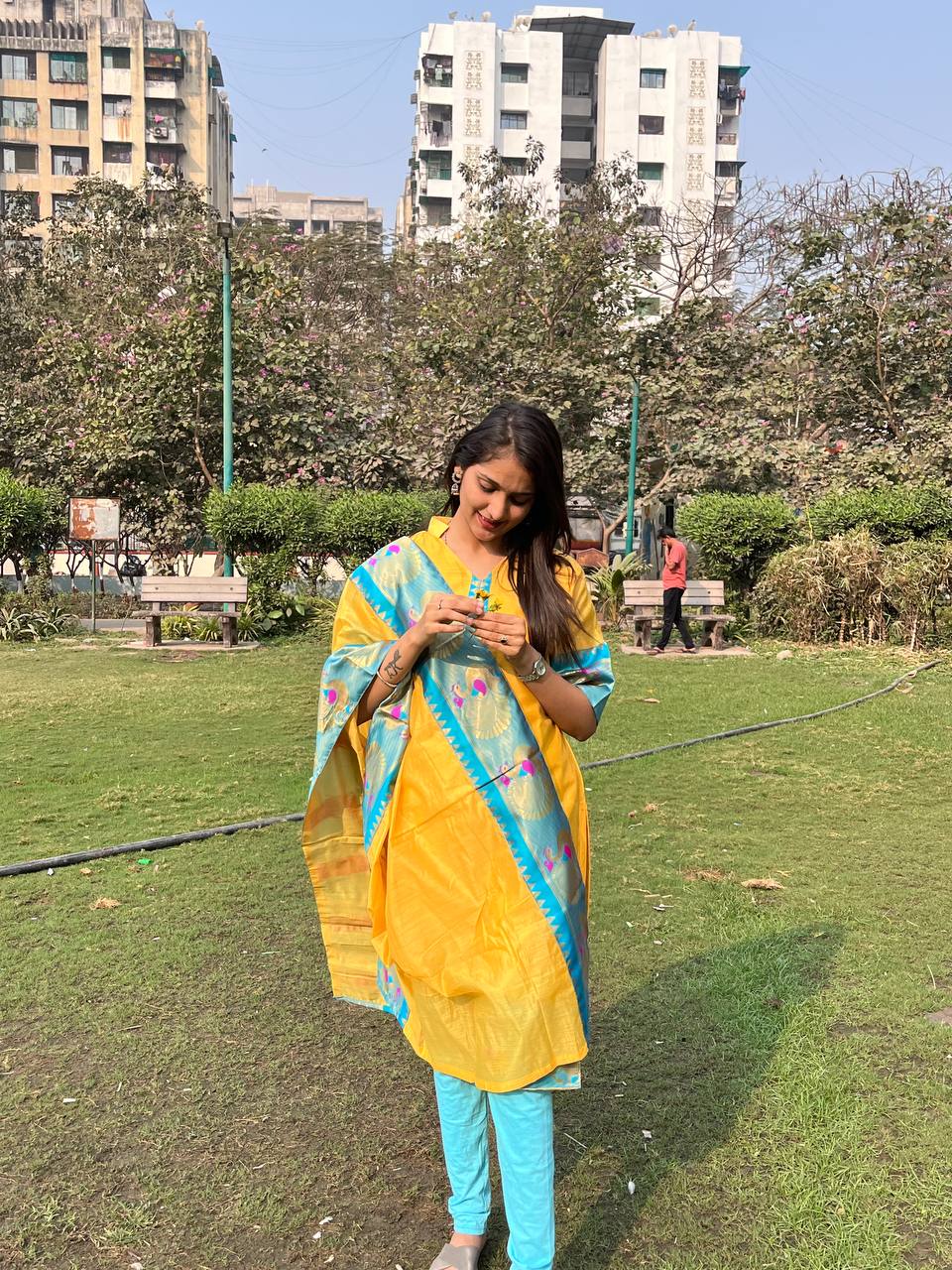 Yellow Chanderi Cotton Straight Fit Kurta Set with Jacquard Border