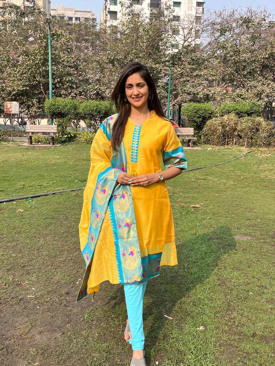 Yellow Chanderi Cotton Straight Fit Kurta Set with Jacquard Border