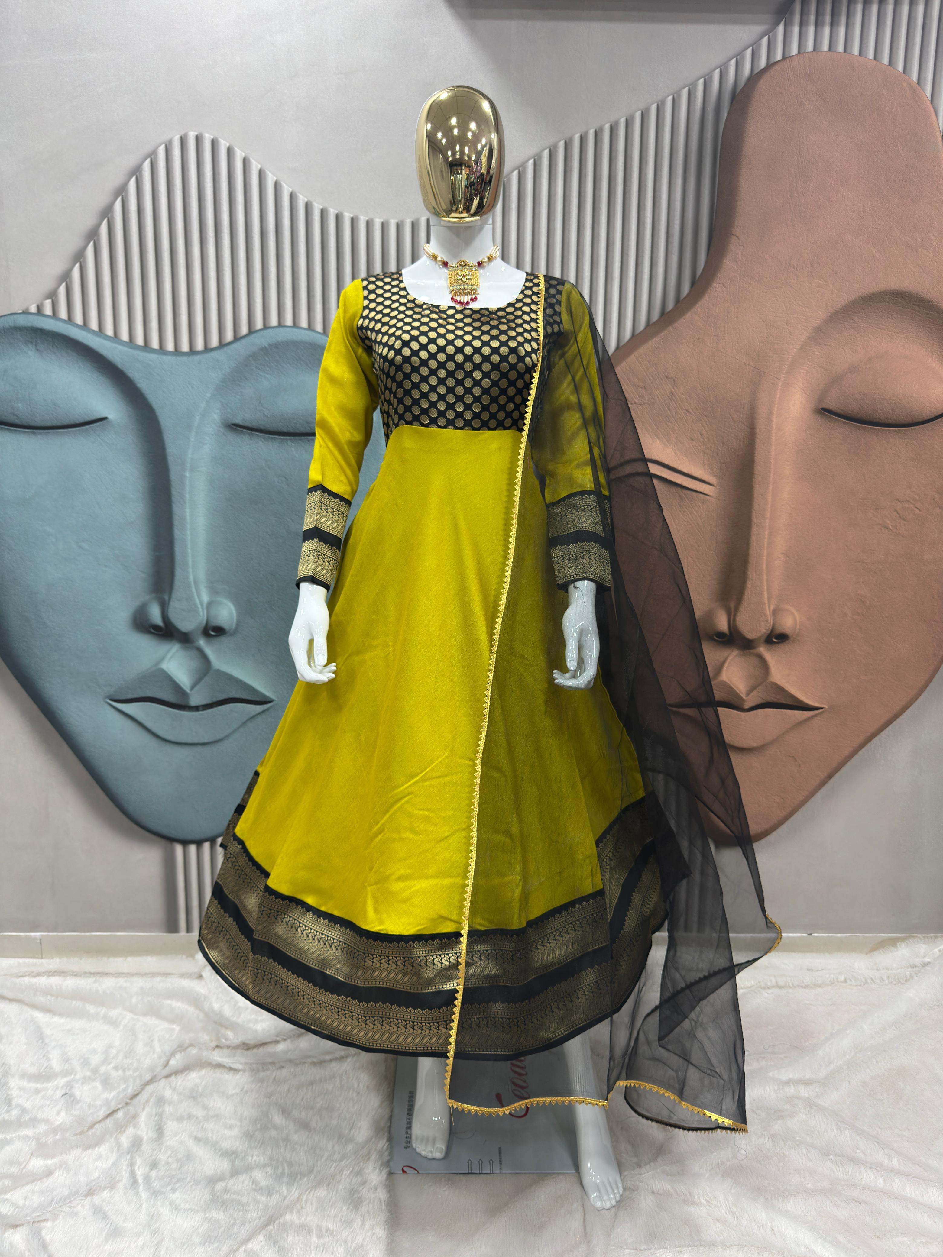 Elegant Green  Anarkali Suit with Jacquard Silk & Net Dupatta