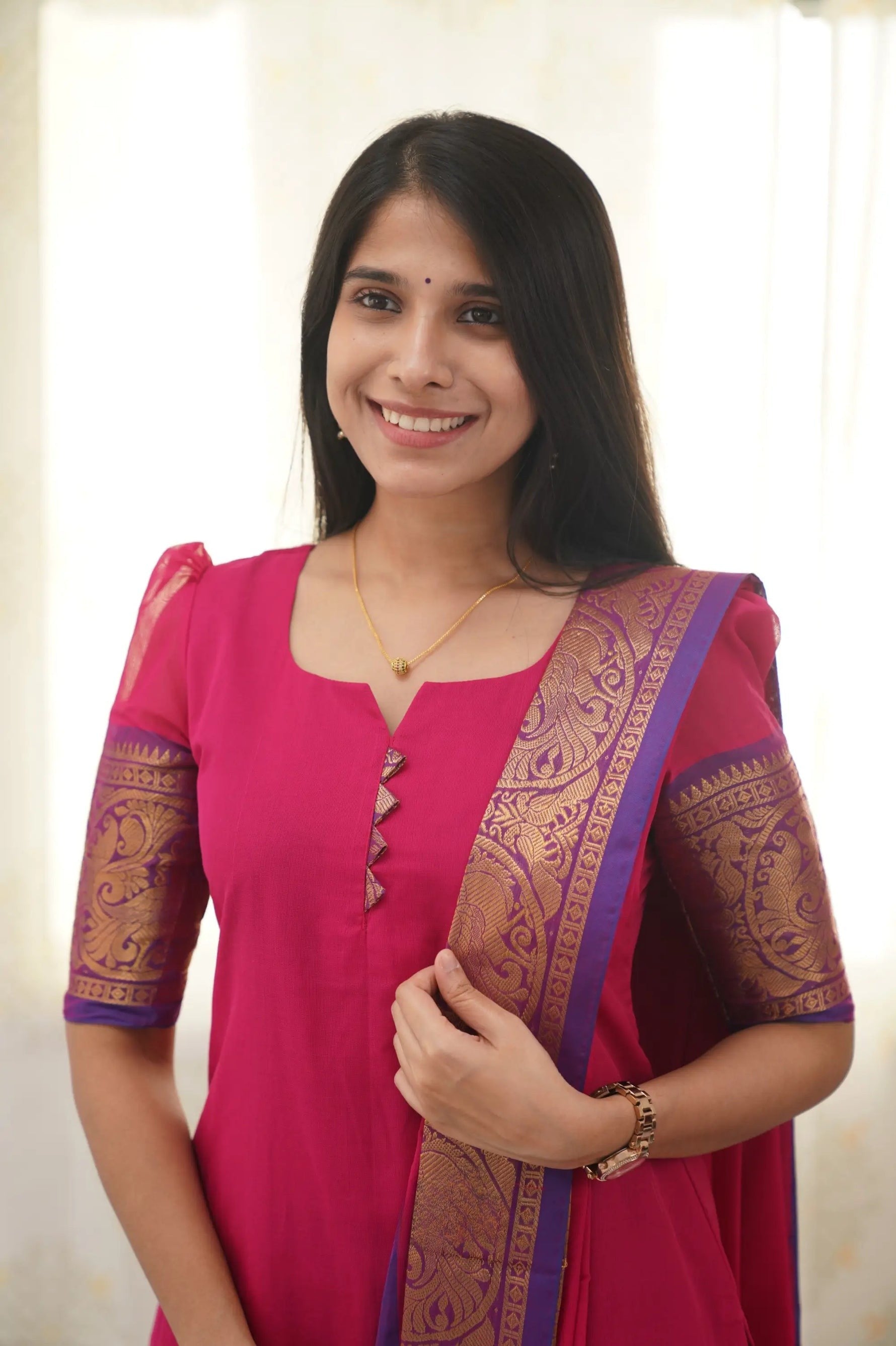 Stylish Pink Chanderi Cotton Kurti with Black Border – Comfort Meets Class.