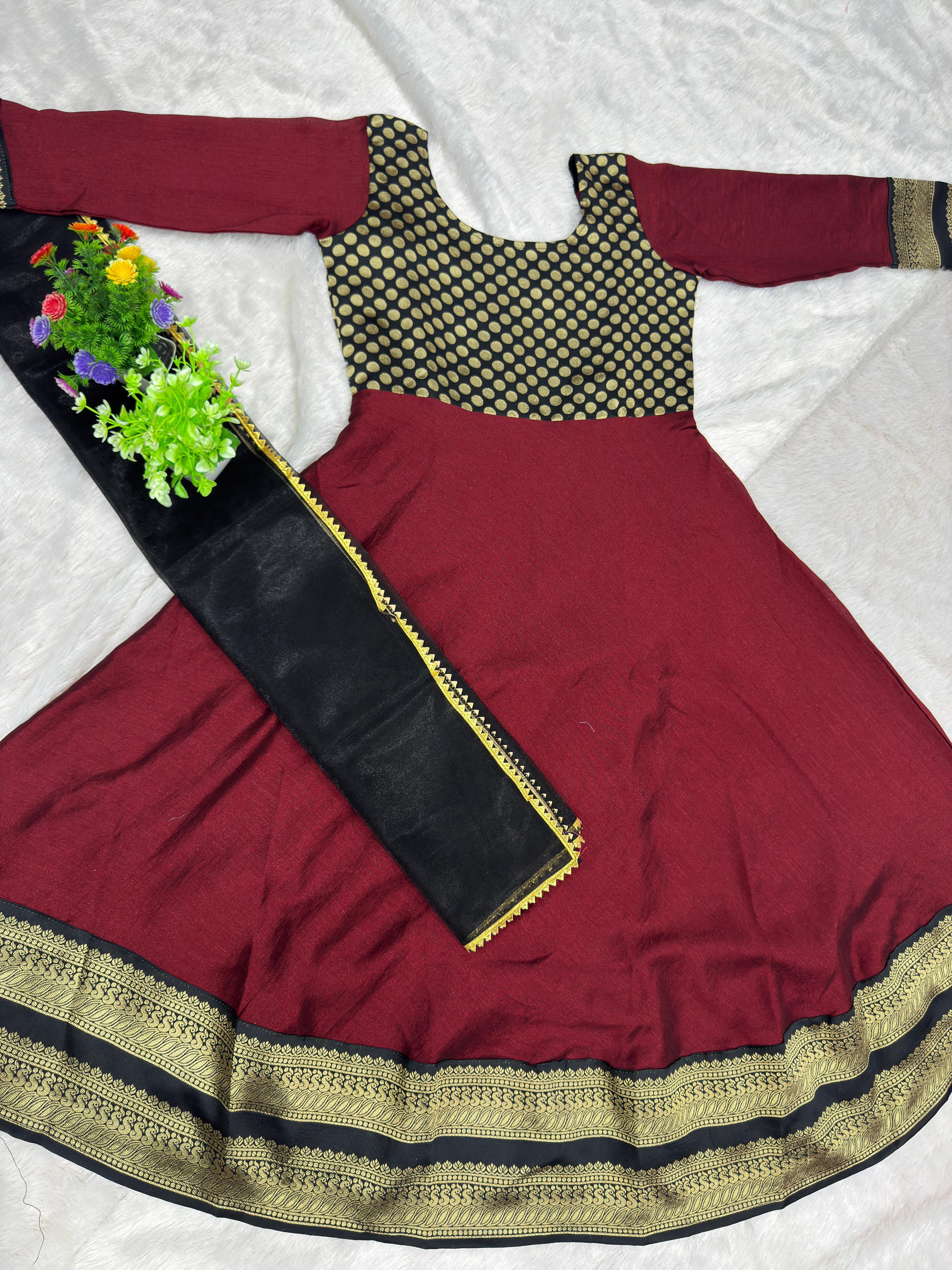 Elegant Maroon  Anarkali Suit with Jacquard Silk & Net Dupatta
