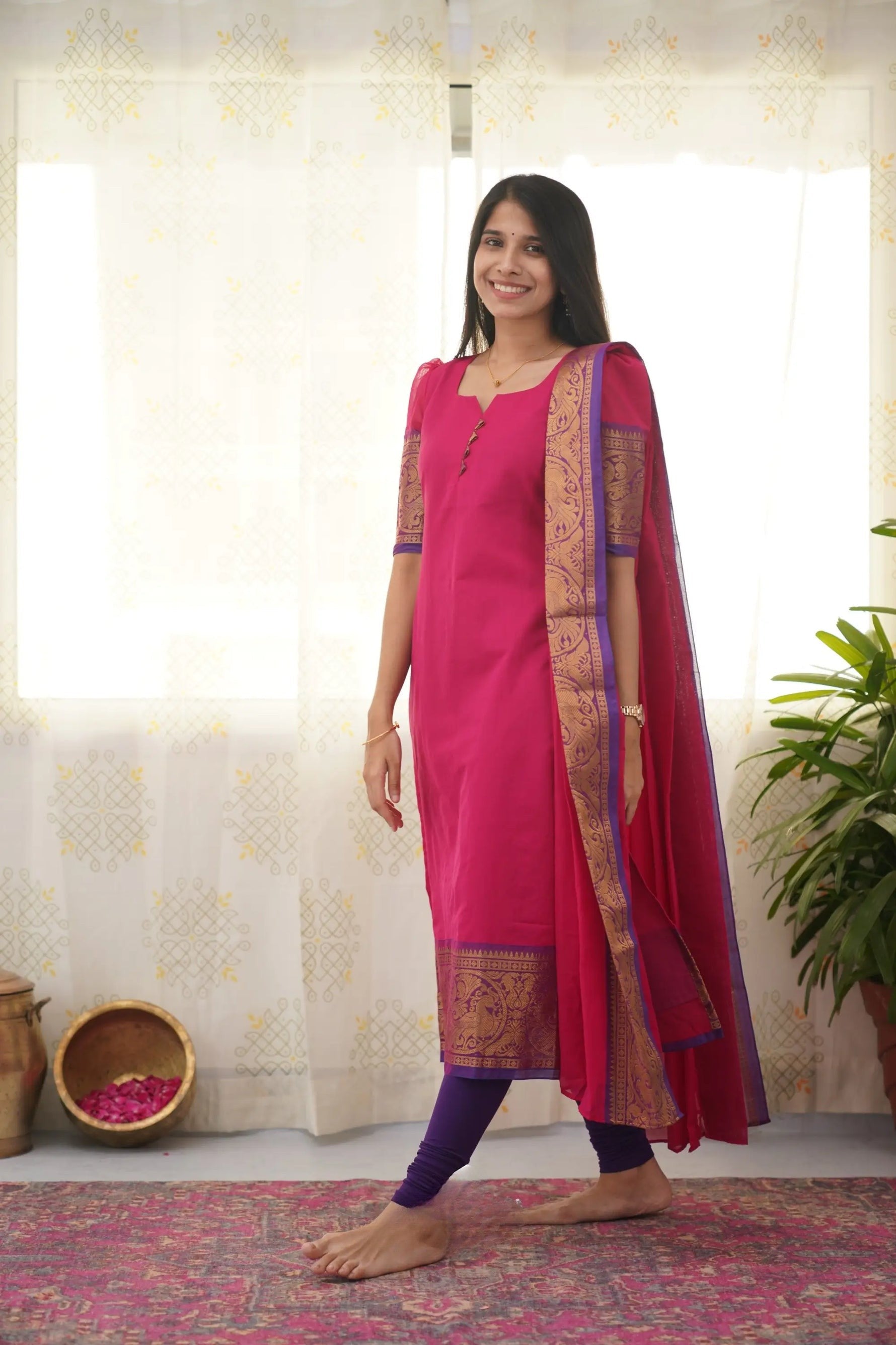 Stylish Pink Chanderi Cotton Kurti with Black Border – Comfort Meets Class.