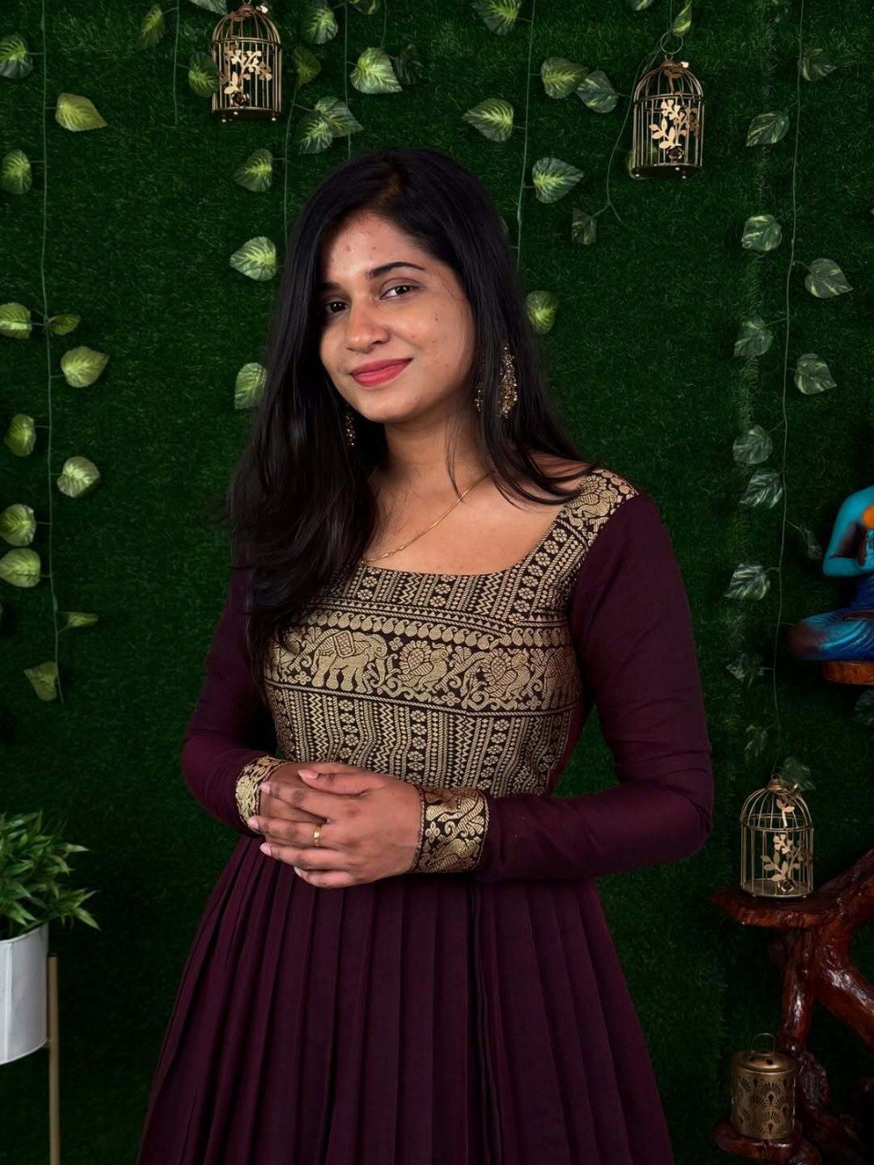 Melobita Silk Full-Length Anarkali Gown Kurti with Sheer Golden-Border Dupatta