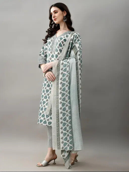 Printed Cotton Kurta Set with Chanderi Dupatta