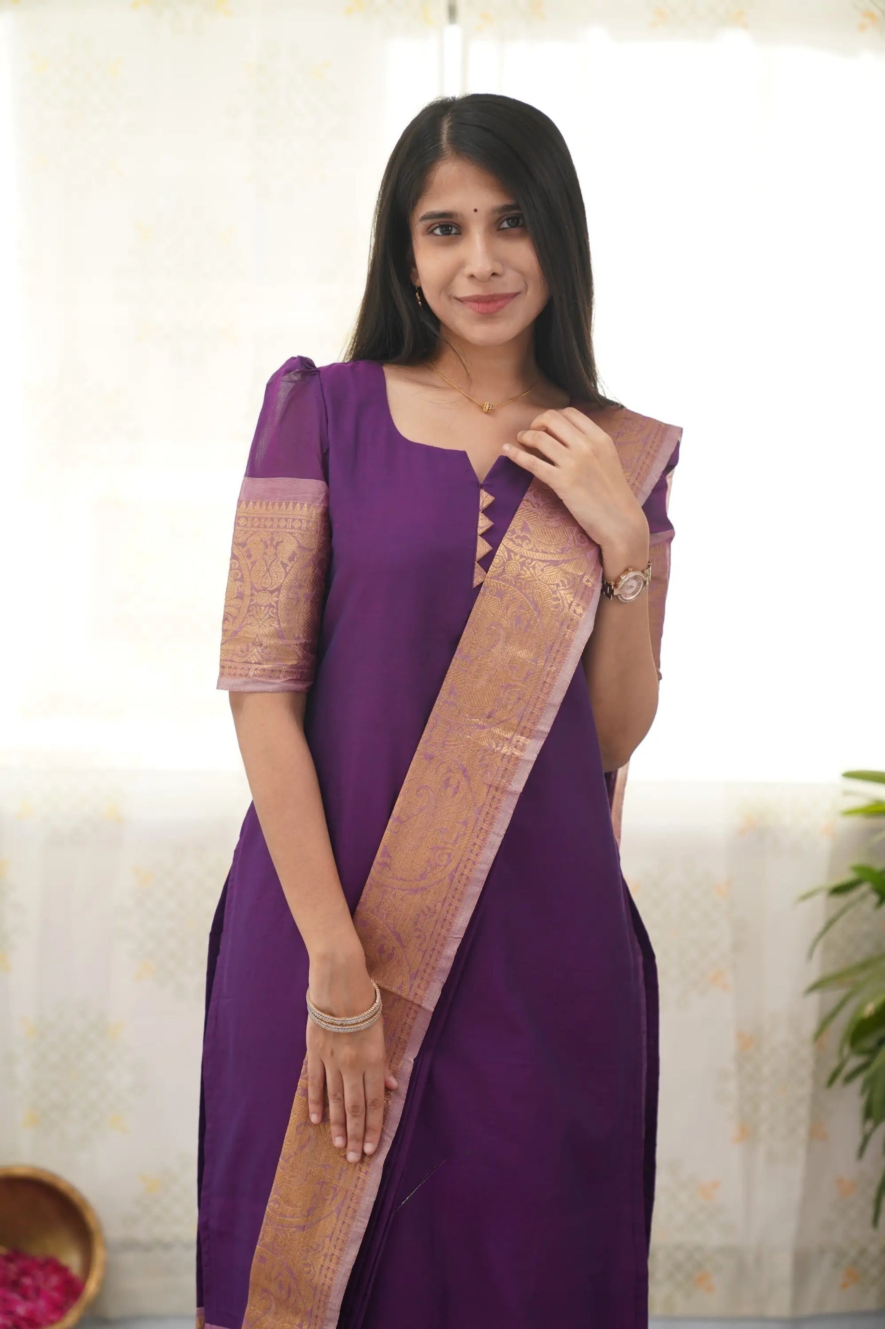 Graceful Violet Cotton Kurti with Golden Border – A Stunning Ethnic Look for Any Event