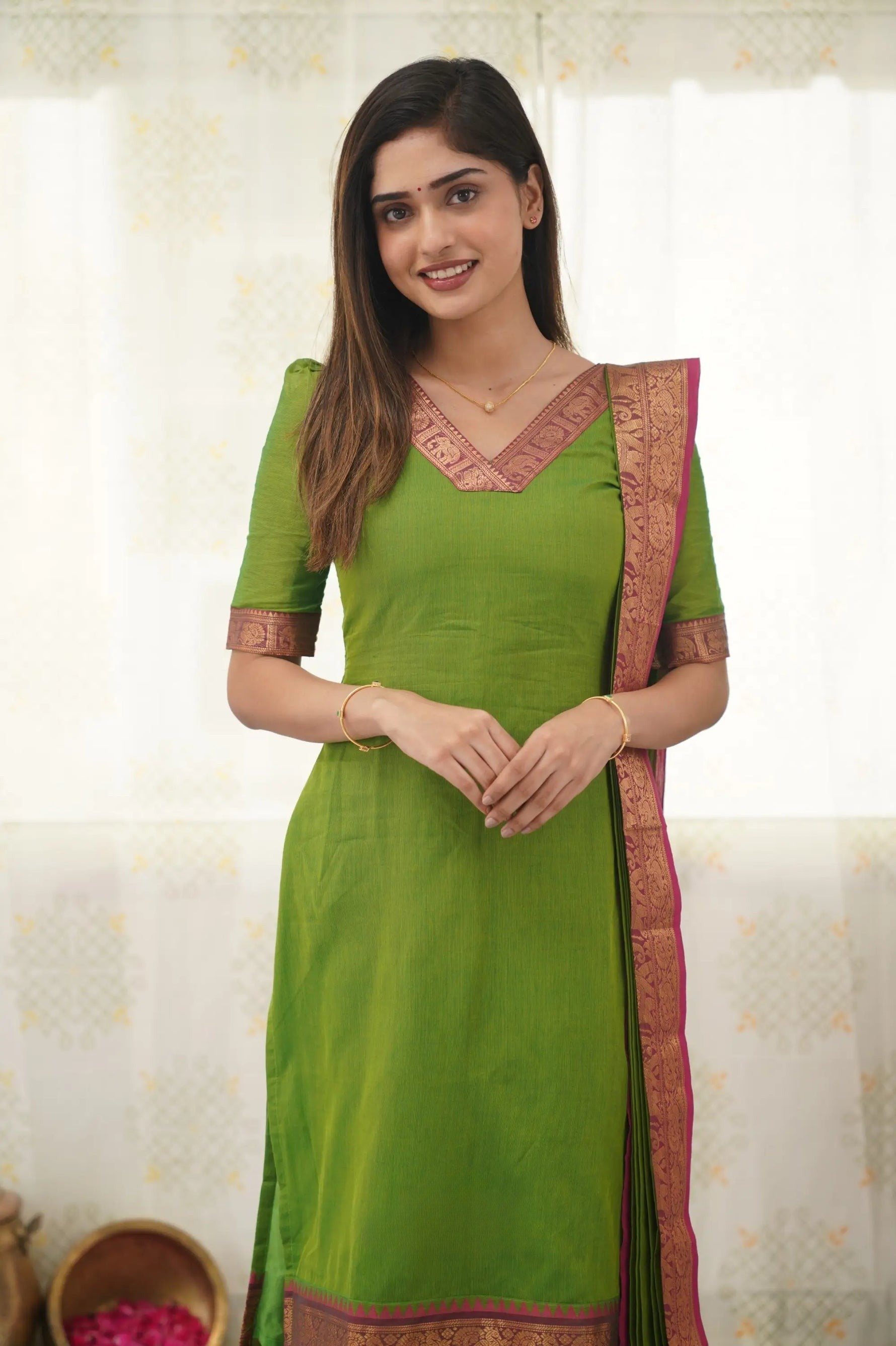 Fresh Light Green Cotton Kurta Set with Pink Tone Border – Graceful and Vibrant