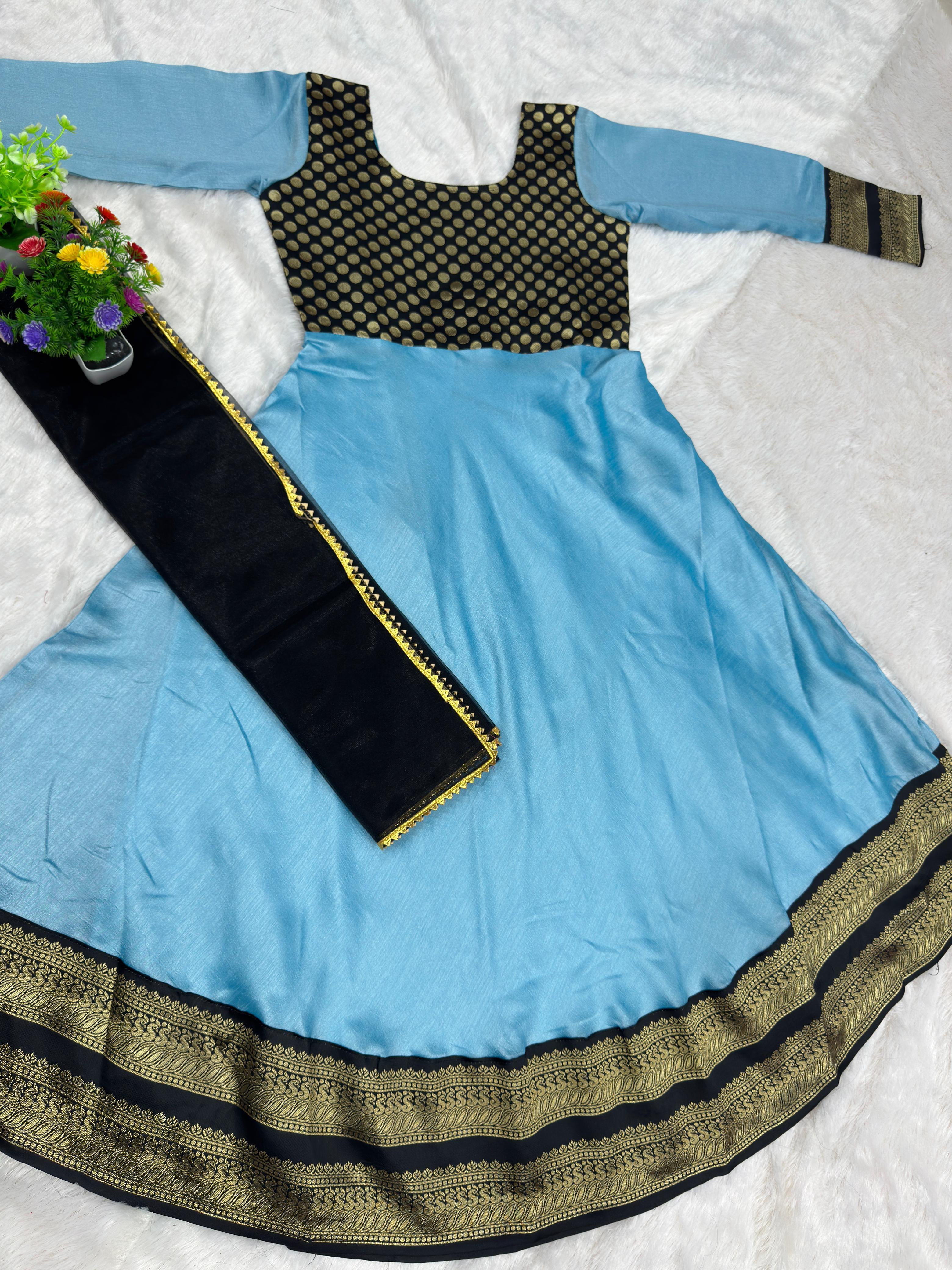 Elegant Sky Blue  Anarkali Suit with Jacquard Silk & Net Dupatta