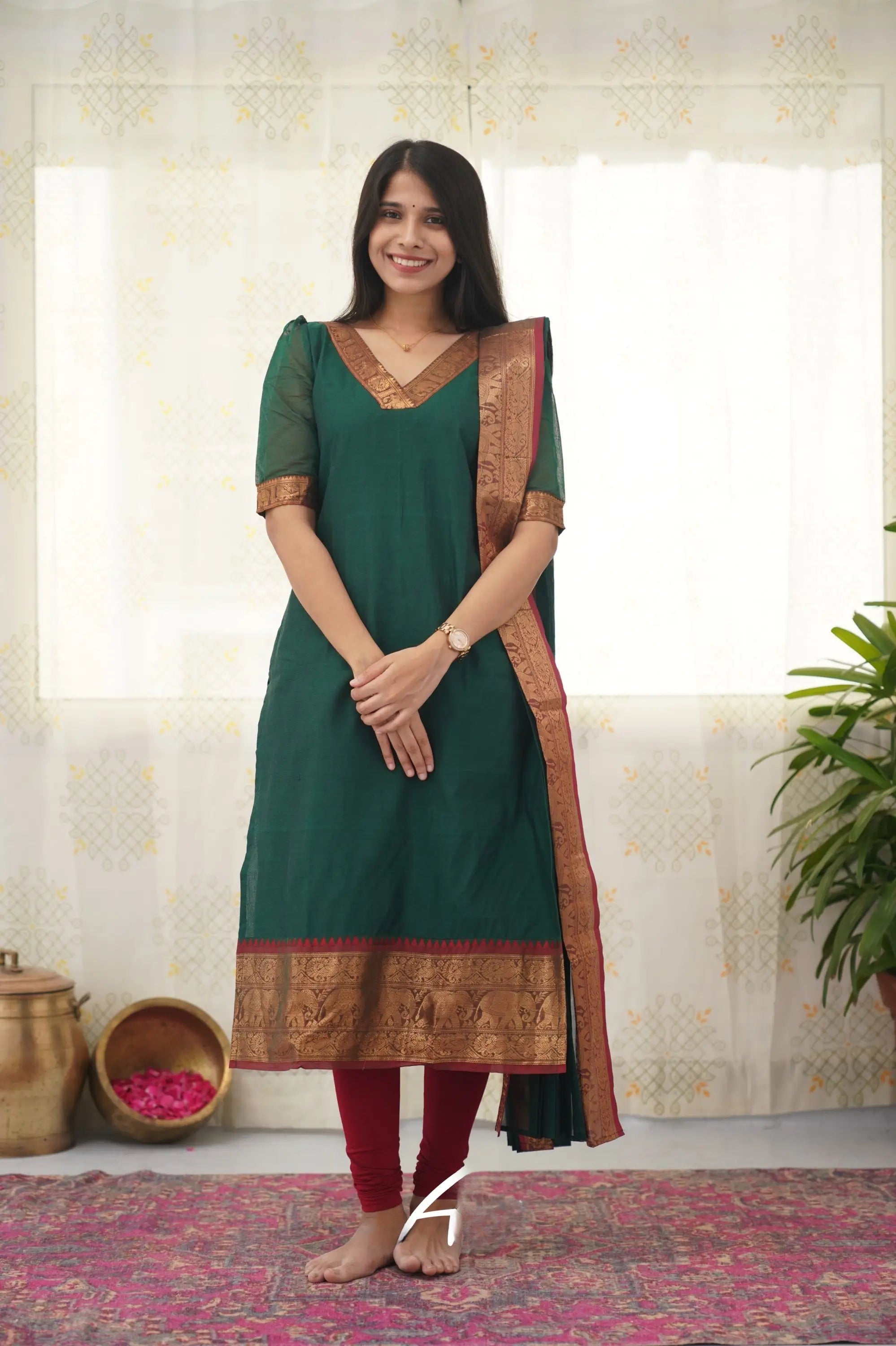 Bottle Green Cotton Kurti Set with Maroon Tone Border – A Perfect Blend of Tradition and Style