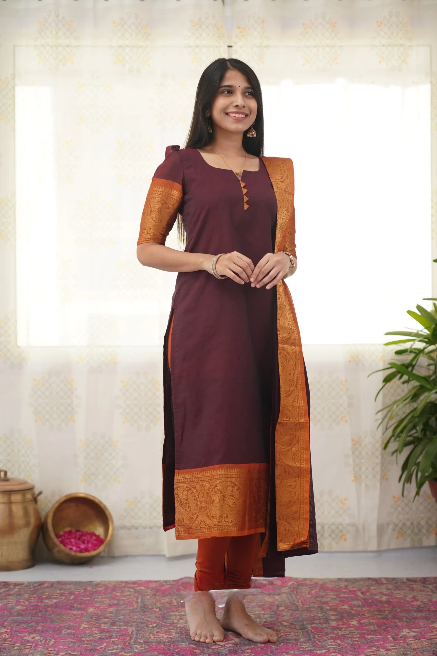 Maroon Cotton Kurti with Bold Orange Border – Classic Charm Meets Contemporary Style