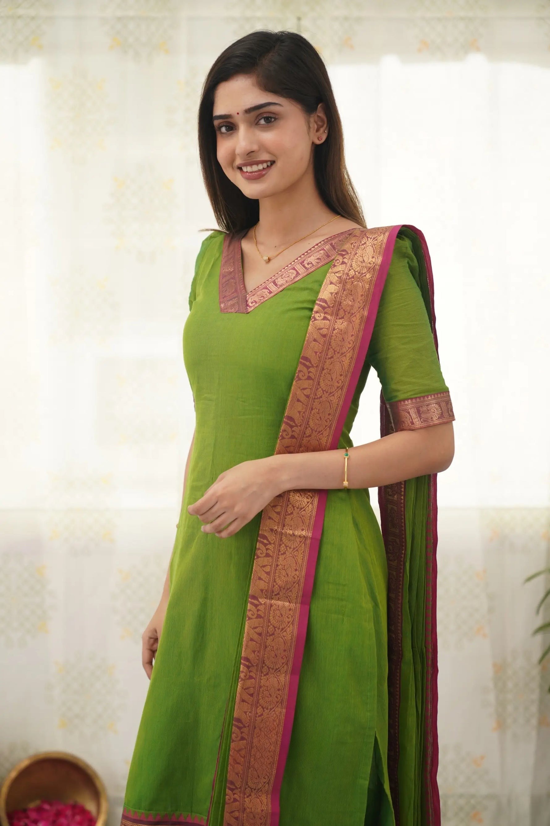 Fresh Light Green Cotton Kurta Set with Pink Tone Border – Graceful and Vibrant