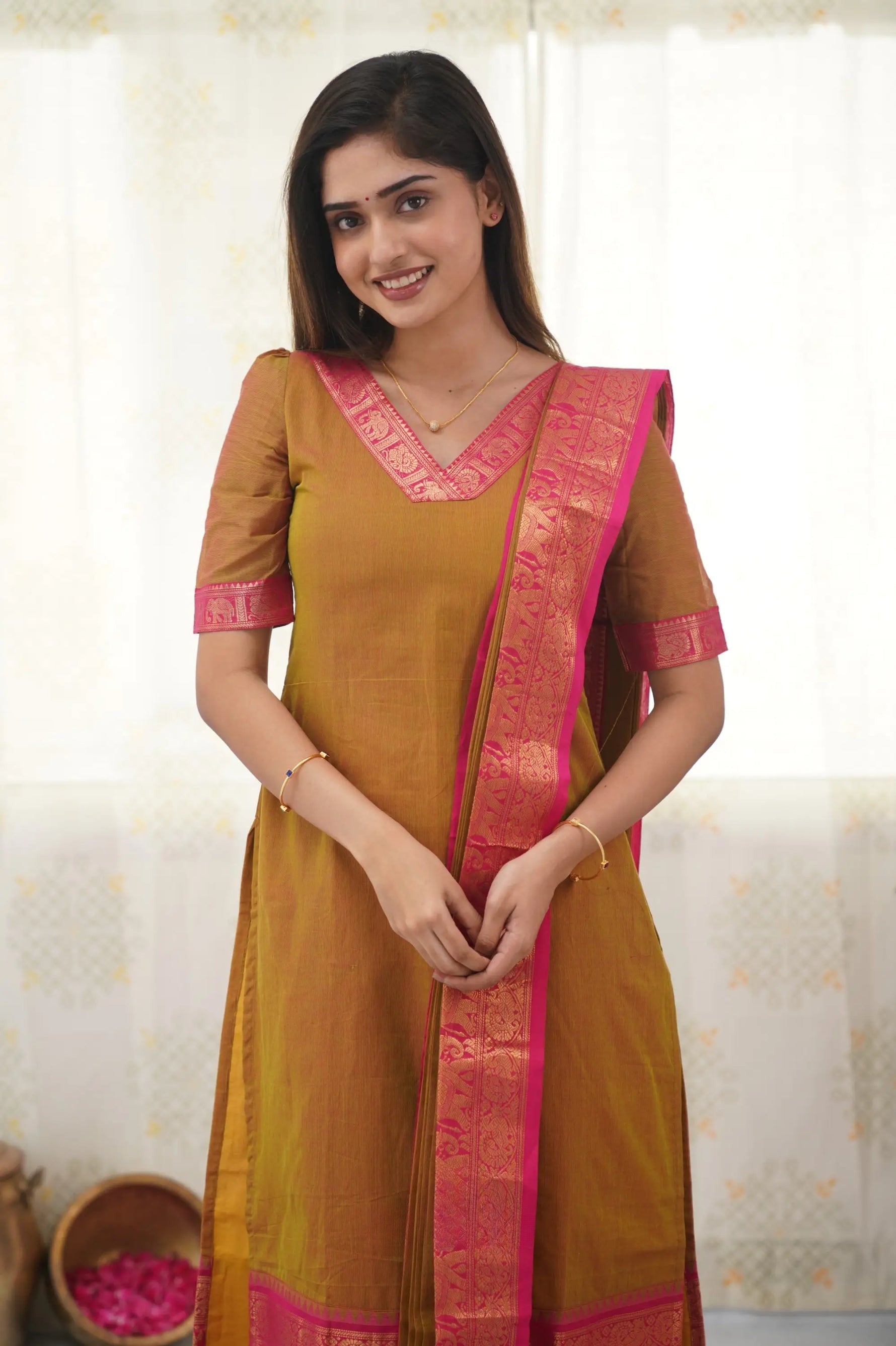 Yellow Cotton Kurta Set with Pink Border – Bold and Beautiful.