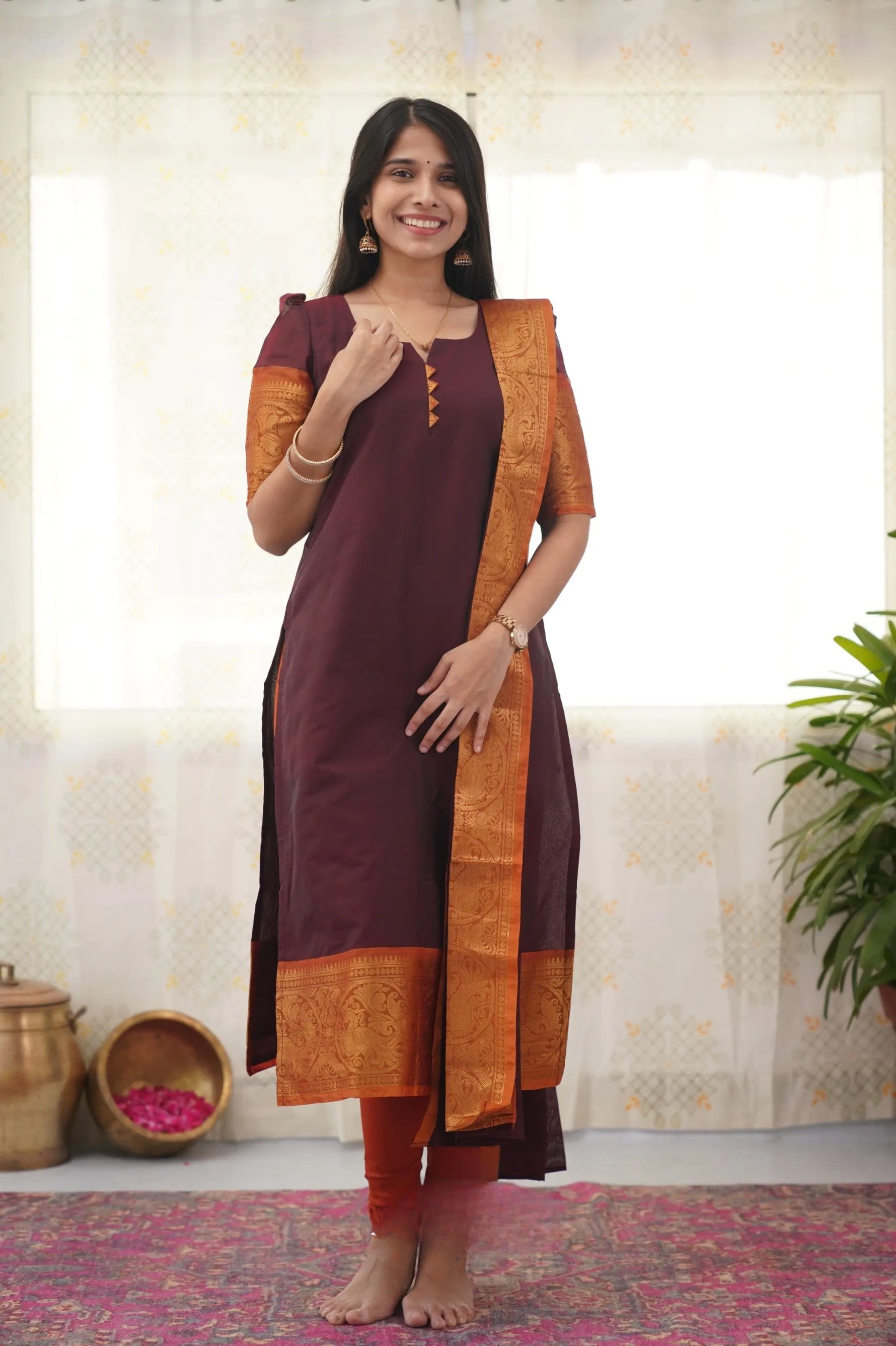 Maroon Cotton Kurti with Bold Orange Border – Classic Charm Meets Contemporary Style