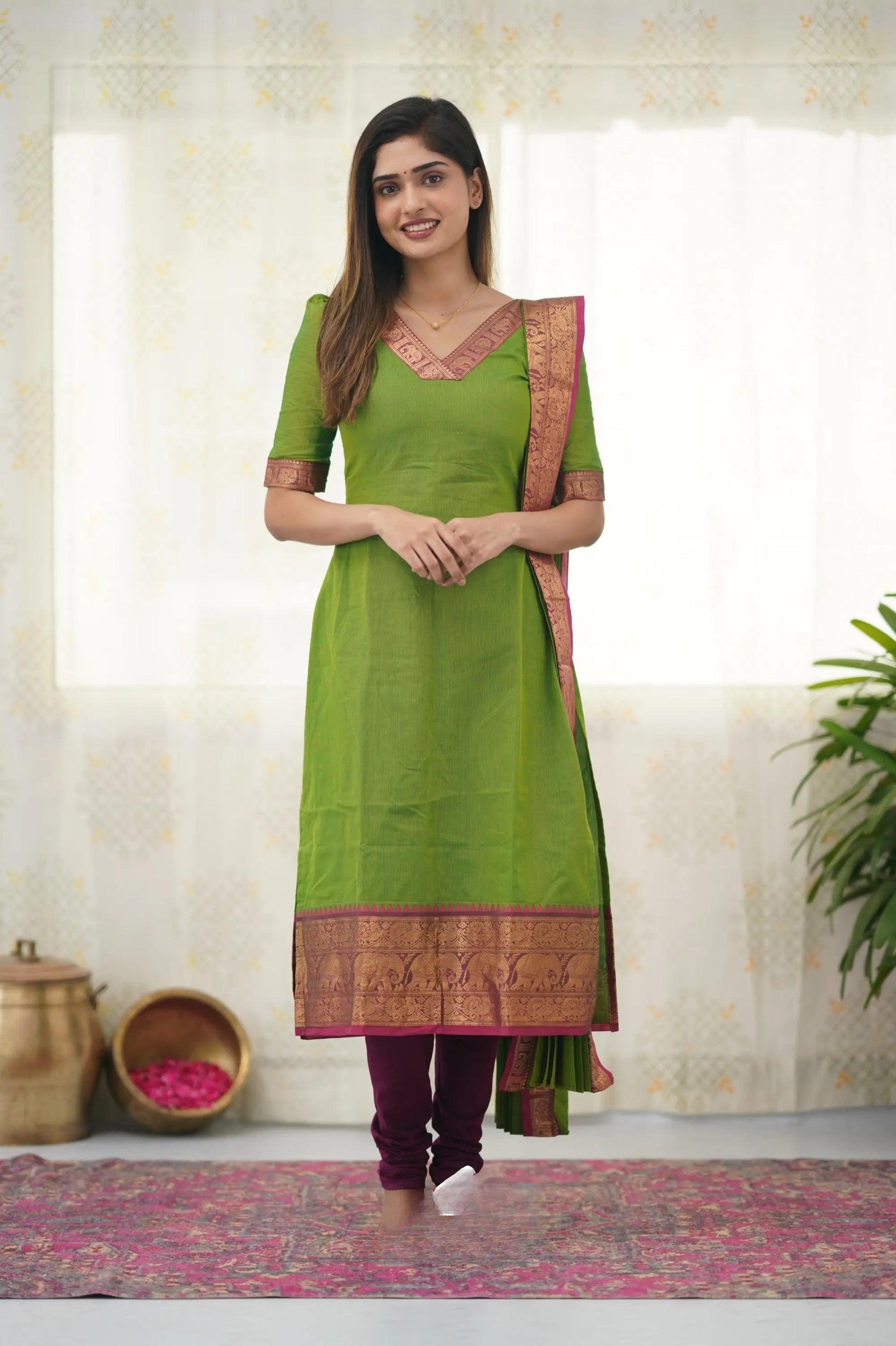 Fresh Light Green Cotton Kurta Set with Pink Tone Border – Graceful and Vibrant