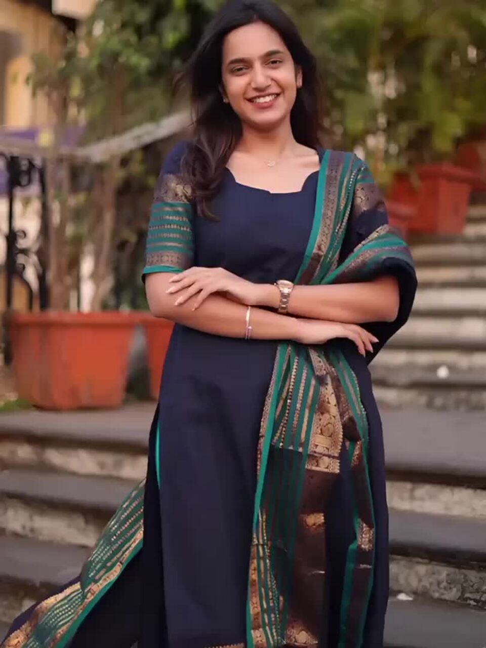 Navy Blue Chanderi Straight Kurta with Jacquard Border