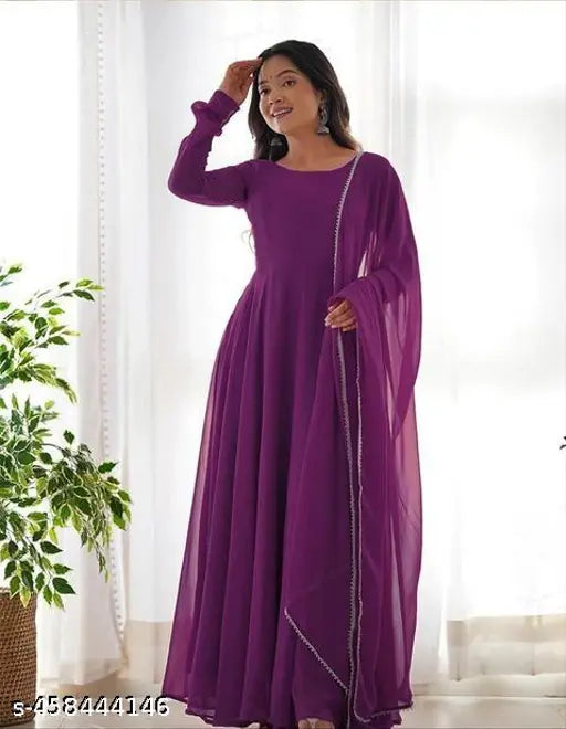 Georgette Gown and Dupatta Set with Intricate Lace Border