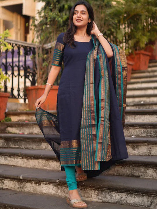 Navy Blue Chanderi Straight Kurta with Jacquard Border
