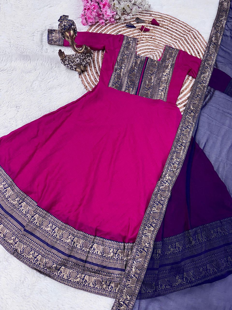 Traditional Anarkali Kurta Set in Vichitra Silk with Zari Detailing
